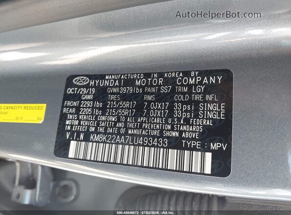 KM8K22AA7LU493433 2020 HYUNDAI KONA Gray Vista del compartimento del motor
