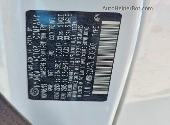 KM8K22AA7LU502602 2020 HYUNDAI KONA White VIN կոդի պիտակի տեսք