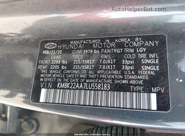KM8K22AA7LU558183 2020 HYUNDAI KONA Gray Շարժիչի բաժամունքի տեսք