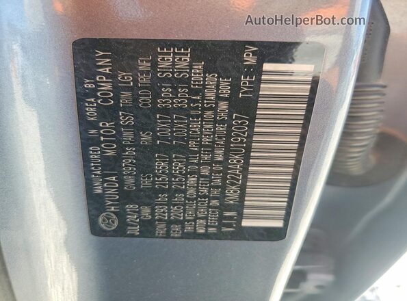 KM8K22AA8KU192037 2019 HYUNDAI KONA Gray Vista de la etiqueta del VIN