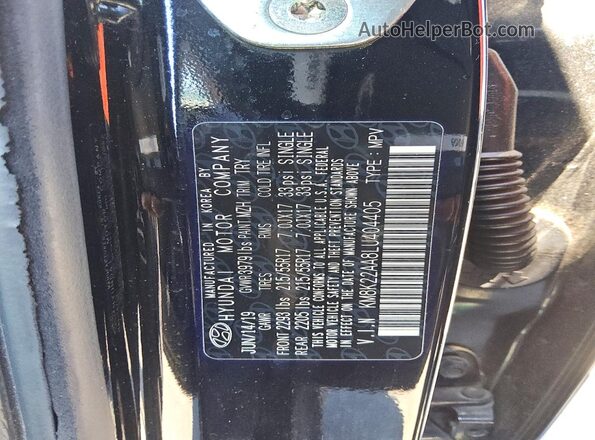 KM8K22AA8LU404405 2020 HYUNDAI KONA Black Vista de la etiqueta del VIN