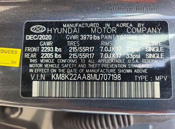 KM8K22AA8MU707198 2021 HYUNDAI KONA Gray Widok naklejki z numerem VIN