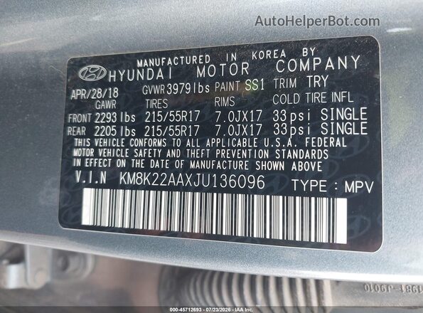 KM8K22AAXJU136096 2018 HYUNDAI KONA Silver Vista del compartimento del motor