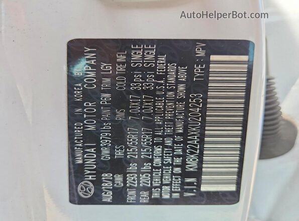 KM8K22AAXKU204253 2019 HYUNDAI KONA White VIN կոդի պիտակի տեսք