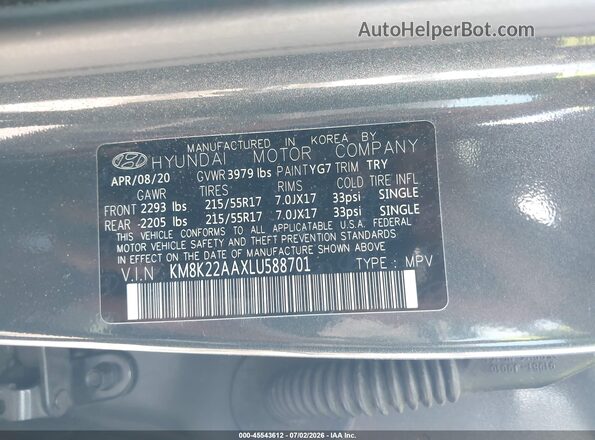KM8K22AAXLU588701 2020 HYUNDAI KONA Gray Vista del compartimento del motor