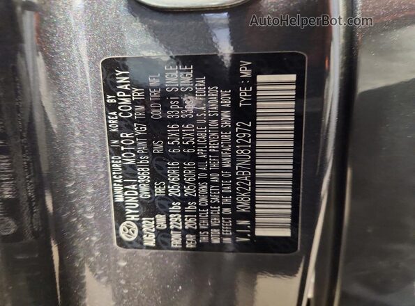KM8K22AB7NU812972 2022 HYUNDAI KONA Gray VIN կոդի պիտակի տեսք