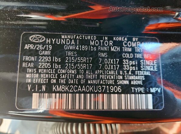 KM8K2CAA0KU371906 2019 HYUNDAI KONA Black Շարժիչի բաժամունքի տեսք