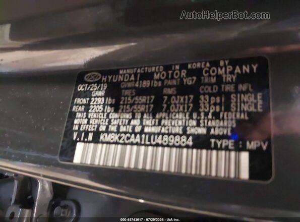 KM8K2CAA1LU489884 2020 HYUNDAI KONA Gray Vista del compartimento del motor
