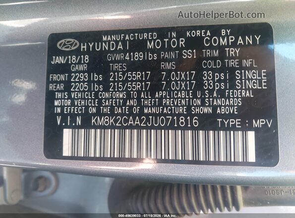 KM8K2CAA2JU071816 2018 HYUNDAI KONA Gray Շարժիչի բաժամունքի տեսք