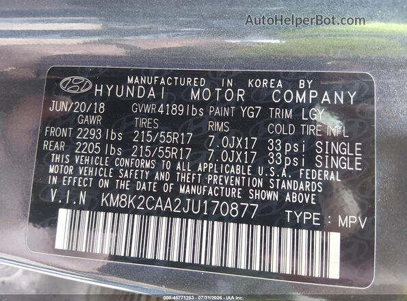 KM8K2CAA2JU170877 2018 HYUNDAI KONA Gray Вид підкапотного простору