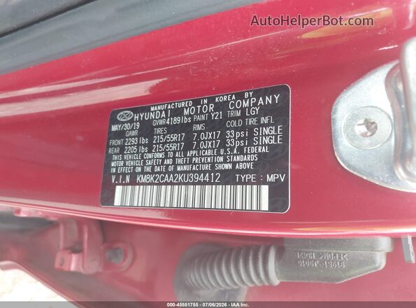 KM8K2CAA2KU394412 2019 HYUNDAI KONA Красный Вид подкапотного пространства