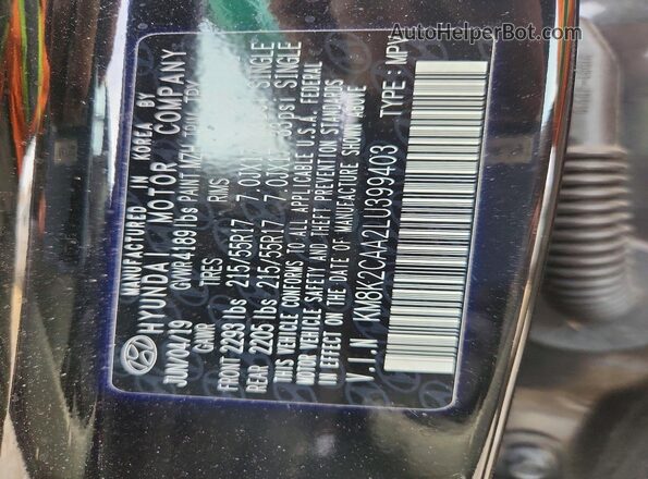 KM8K2CAA2LU399403 2020 HYUNDAI KONA Black VIN sticker view