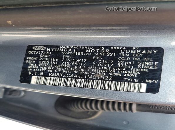 KM8K2CAA4LU481522 2020 HYUNDAI KONA Silver Панорамний вид салону 360°