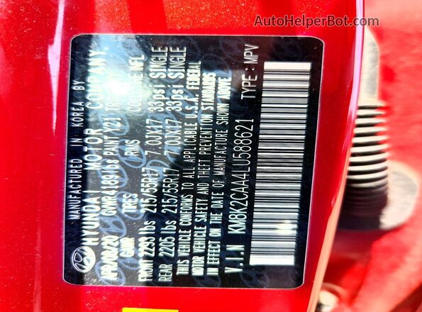 KM8K2CAA4LU588621 2020 HYUNDAI KONA Red Vista del compartimento del motor