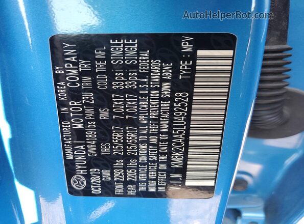 KM8K2CAA5LU492528 2020 HYUNDAI KONA Синий Вид наклейки с VIN-кодом