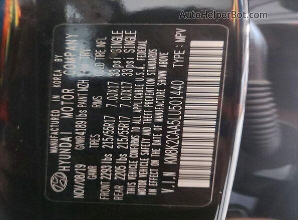 KM8K2CAA5LU501440 2020 HYUNDAI KONA Black VIN კოდის სტიკერის ხედი