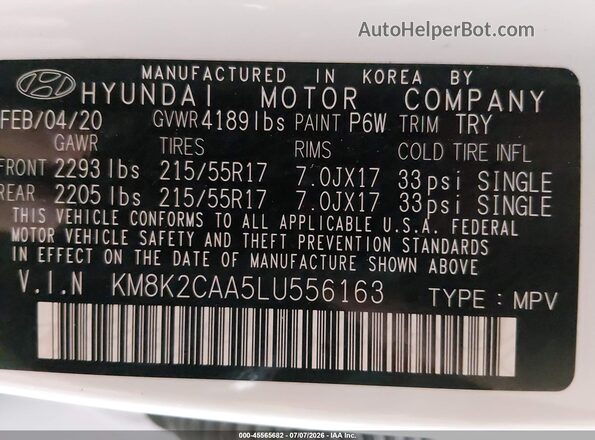 KM8K2CAA5LU556163 2020 HYUNDAI KONA White Вид підкапотного простору