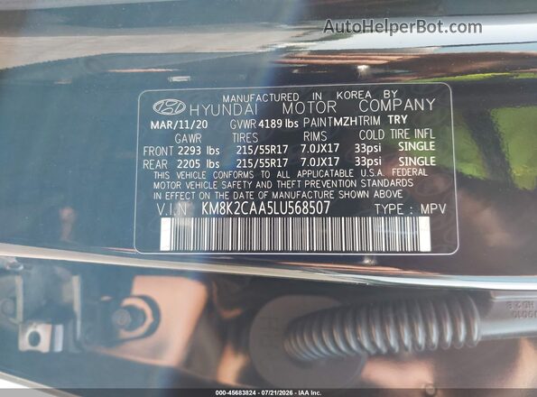 KM8K2CAA5LU568507 2020 HYUNDAI KONA Black Շարժիչի բաժամունքի տեսք