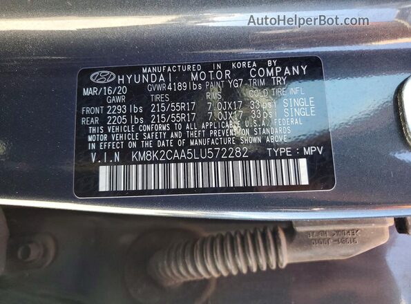 KM8K2CAA5LU572282 2020 HYUNDAI KONA Charcoal Панорамний вид салону 360°