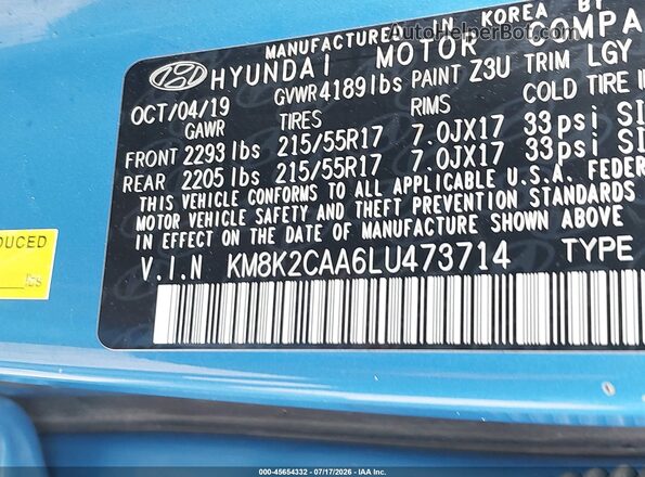 KM8K2CAA6LU473714 2020 HYUNDAI KONA Blue Widok komory silnika