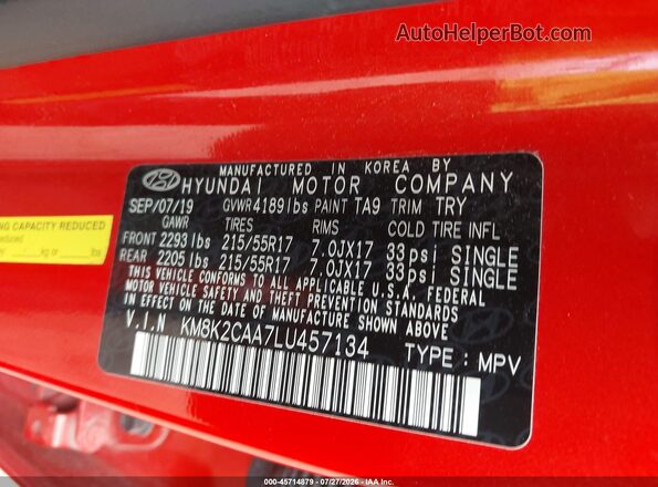 KM8K2CAA7LU457134 2020 HYUNDAI KONA Orange Engine compartment view