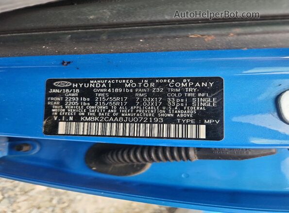 KM8K2CAA8JU072193 2018 HYUNDAI KONA Blue Widok komory silnika