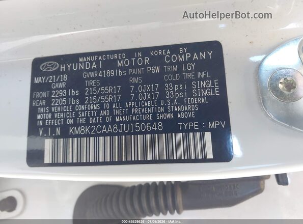 KM8K2CAA8JU150648 2018 HYUNDAI KONA White Engine compartment view