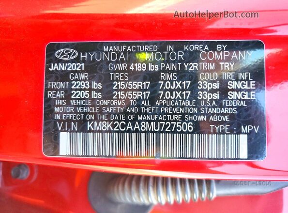 KM8K2CAA8MU727506 2021 HYUNDAI KONA Red Widok naklejki z numerem VIN