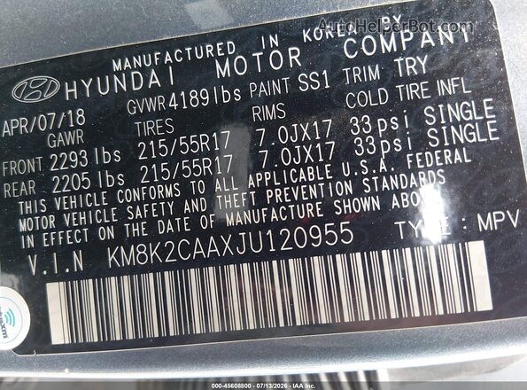 KM8K2CAAXJU120955 2018 HYUNDAI KONA Light Blue Vista del compartimento del motor