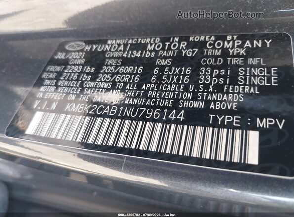 KM8K2CAB1NU796144 2022 HYUNDAI KONA Gray Engine compartment view