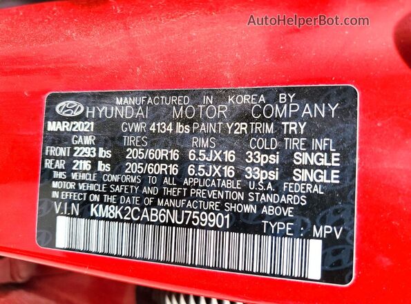 KM8K2CAB6NU759901 2022 HYUNDAI KONA Red Widok naklejki z numerem VIN