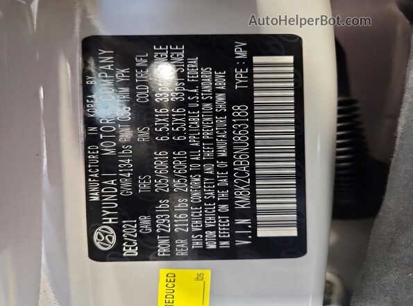 KM8K2CAB6NU863188 2022 HYUNDAI KONA Gray VIN კოდის სტიკერის ხედი