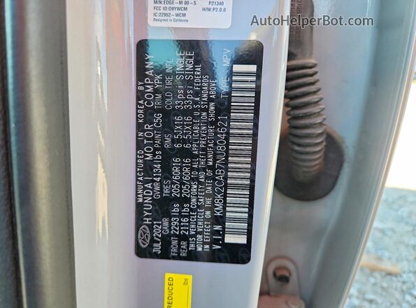 KM8K2CAB7NU804621 2022 HYUNDAI KONA Gray VIN կոդի պիտակի տեսք