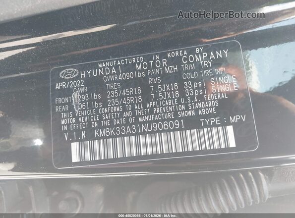 KM8K33A31NU908091 2022 HYUNDAI KONA Black Շարժիչի բաժամունքի տեսք