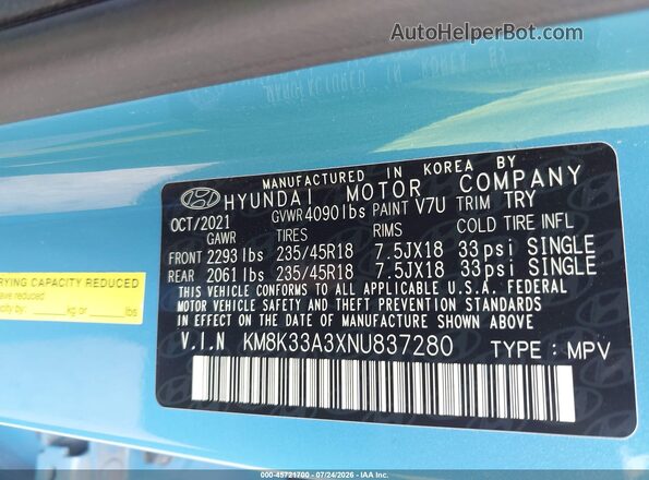 KM8K33A3XNU837280 2022 HYUNDAI KONA Blue ძრავის განყოფილების ხედი