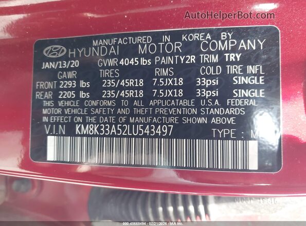 KM8K33A52LU543497 2020 HYUNDAI KONA Maroon Engine compartment view