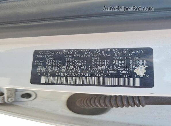 KM8K33AG3MU130877 2021 HYUNDAI KONA White Vista de la etiqueta del VIN