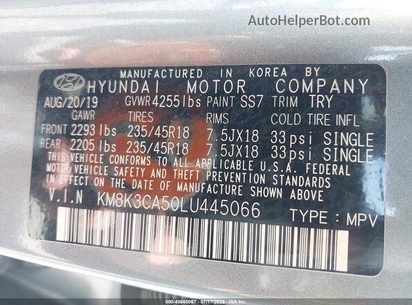 KM8K3CA50LU445066 2020 HYUNDAI KONA Blue Շարժիչի բաժամունքի տեսք