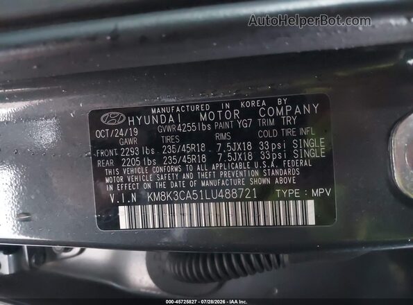 KM8K3CA51LU488721 2020 HYUNDAI KONA Gray ძრავის განყოფილების ხედი