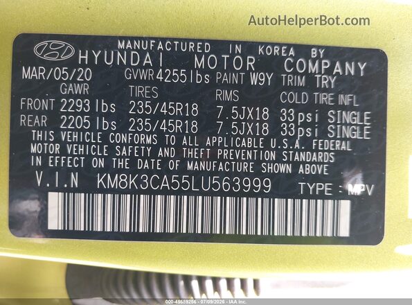 KM8K3CA55LU563999 2020 HYUNDAI KONA Зеленый Вид подкапотного пространства