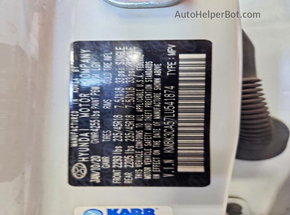 KM8K3CA57LU541874 2020 HYUNDAI KONA White Вид підкапотного простору