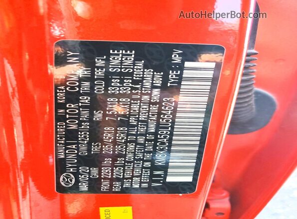 KM8K3CA59LU564623 2020 HYUNDAI KONA Orange Vista de la etiqueta del VIN