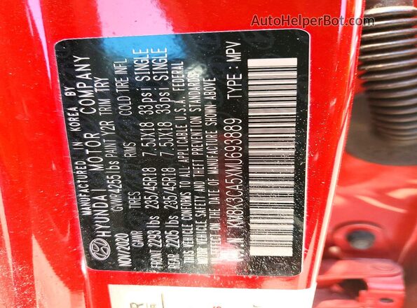 KM8K3CA5XMU693889 2021 HYUNDAI KONA Red VIN კოდის სტიკერის ხედი