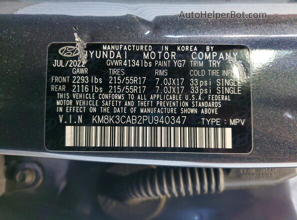 KM8K3CAB2PU940347 2023 HYUNDAI KONA Gray VIN კოდის სტიკერის ხედი