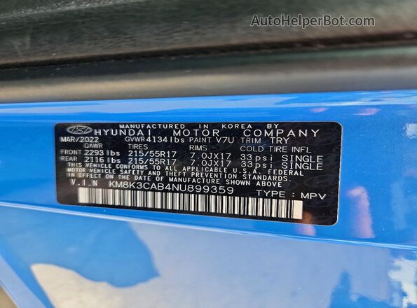 KM8K3CAB4NU899359 2022 HYUNDAI KONA Blue Вид наклейки з VIN-кодом
