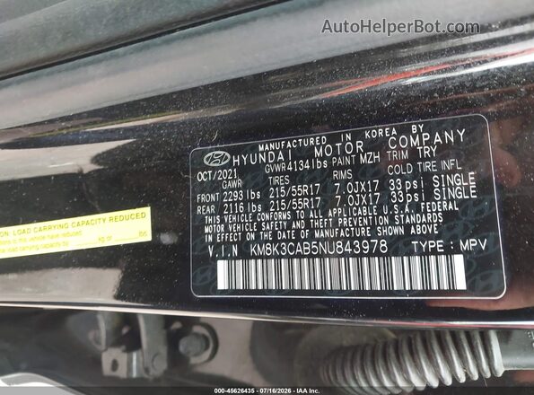 KM8K3CAB5NU843978 2022 HYUNDAI KONA Black Вид підкапотного простору