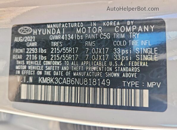 KM8K3CAB6NU818149 2022 HYUNDAI KONA Gray Vista interior de 360 grados