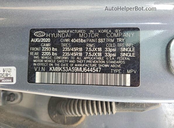 KM8K53A59MU644547 2021 HYUNDAI KONA Синий Вид наклейки с VIN-кодом