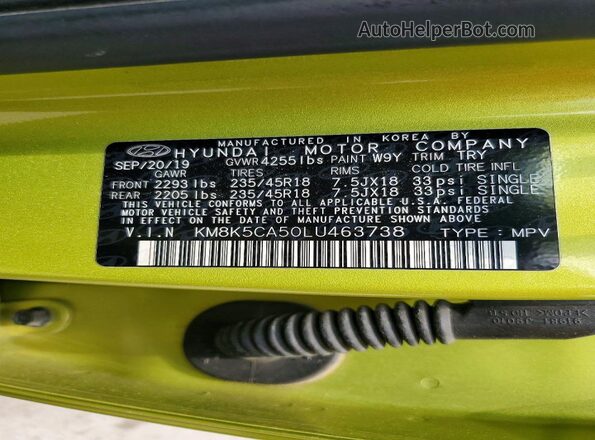 KM8K5CA50LU463738 2020 HYUNDAI KONA Green 360 interior view
