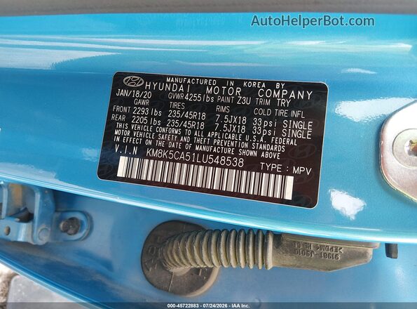 KM8K5CA51LU548538 2020 HYUNDAI KONA Blue Widok komory silnika